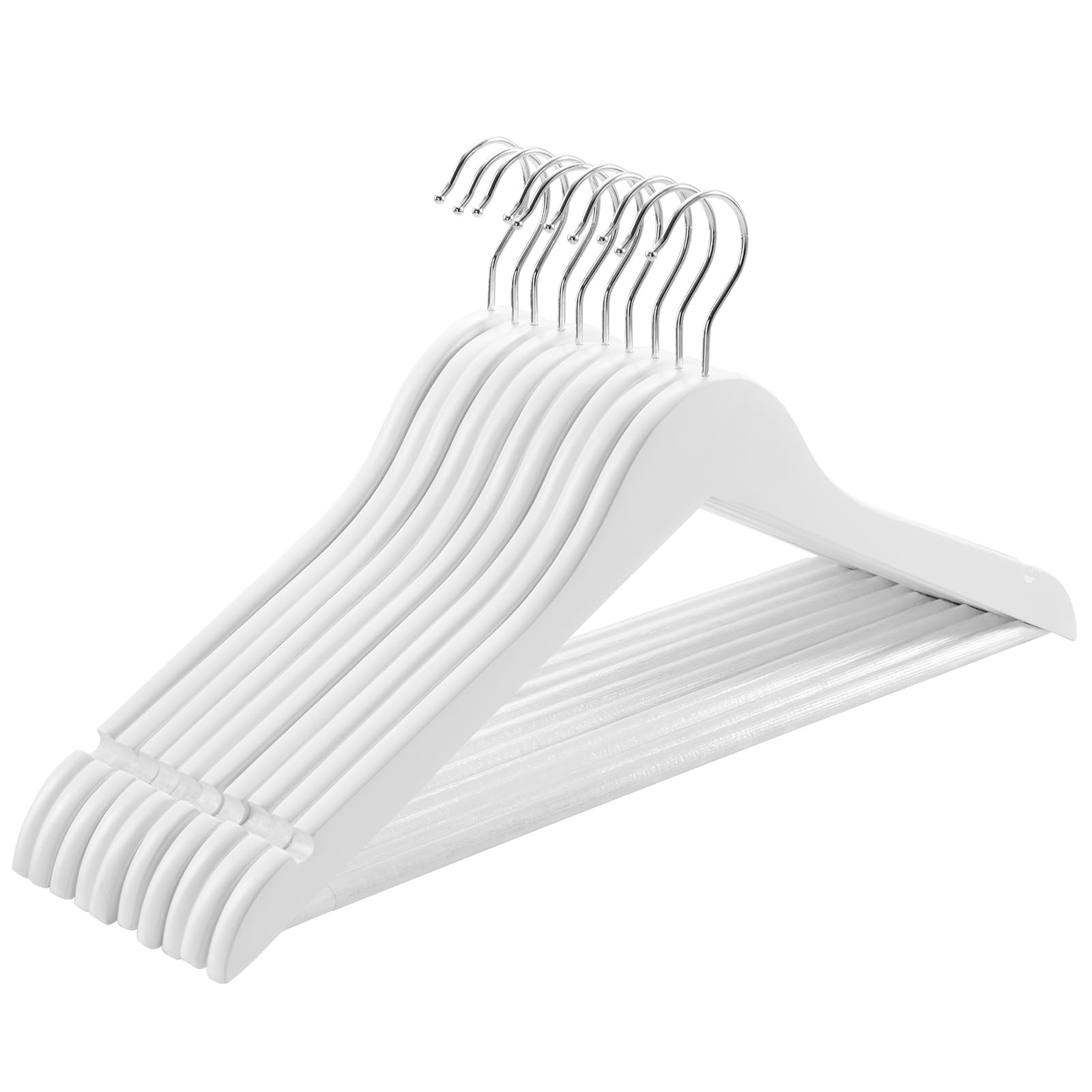 Solid Natural Wooden Coat Hangers, 10 Pack Heavy Duty Smooth Finish Suit Hangers With Non-Slip Pant Bar, Precisely Cut Notches &