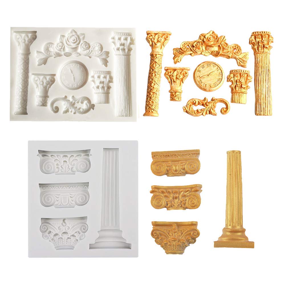 Set Of 2 Roman Column Silicone Fondant Mold Greek Marble Pillars Bas Relief Retro European Pattern Clock Gumpaste Chocolate Cand