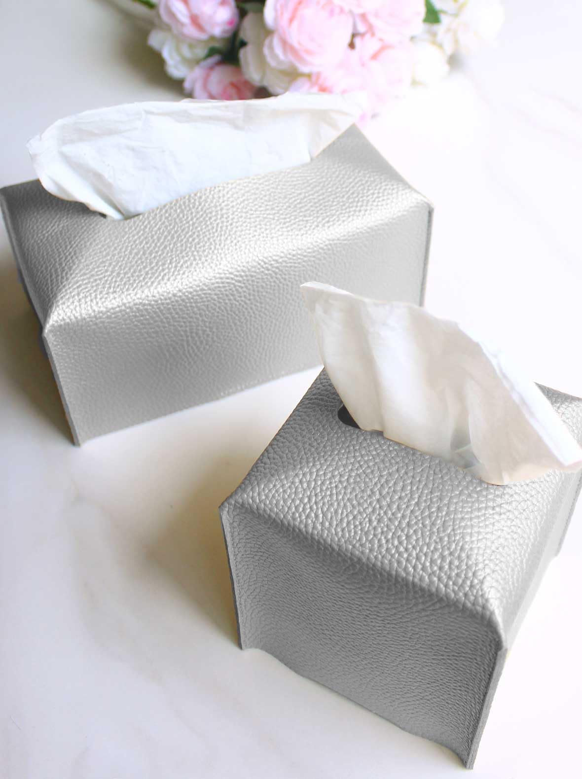 Silver Tissue Box Cover Rectangular - Plus Size Large Tissue Box Cover Rectangle [Jesmini] Faux Leather Tissue Box Holder Long F