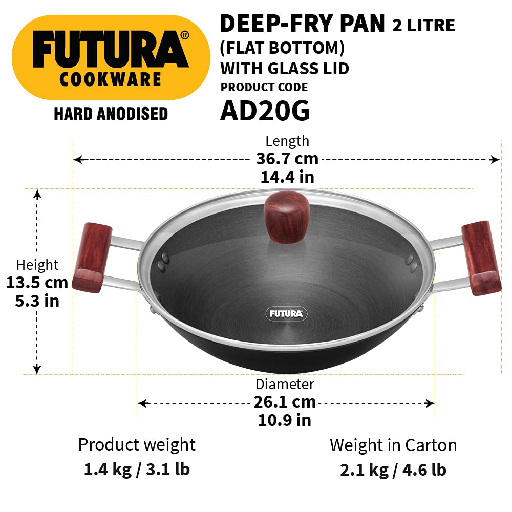 Hawkins Futura 2 Litre Deep Fry Pan, Hard Anodised Kadai With Glass Lid, Flat Bottom Kadhai, Black (Ad20G)