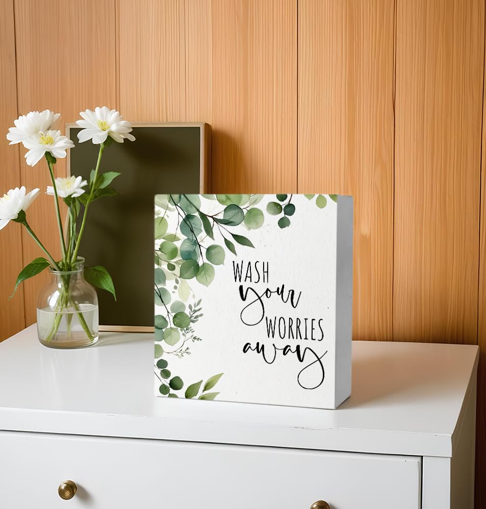 Wash Your Worries Away Funny Bathroom Wooden Box Sign, Eucalyptus Botanical Wood Signs for Restroom Bathroom Toilet Half Bath Sh