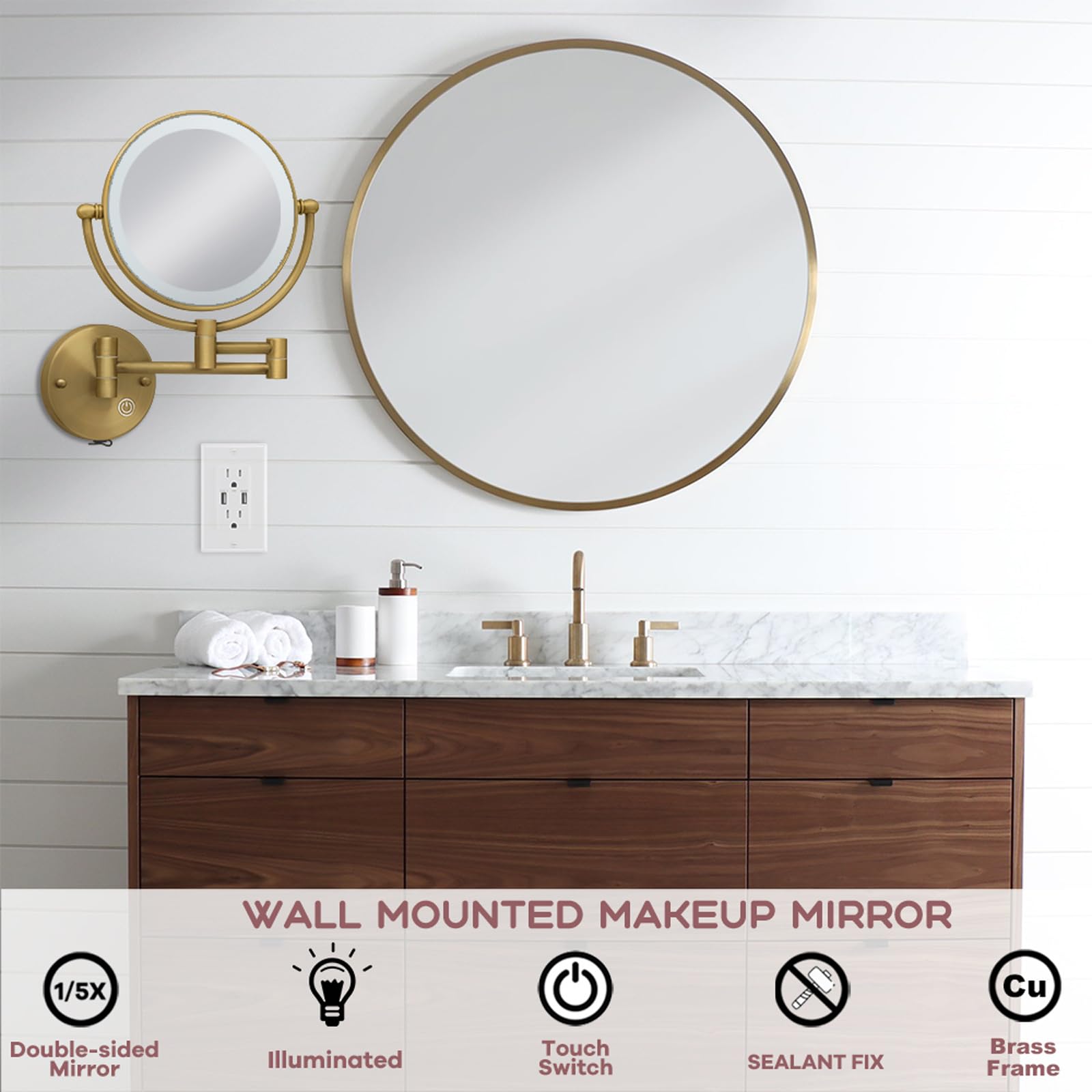 Reckodor Brass Wall Mounted Makeup Mirror With Lights And Magnification, Rechargeable Lighted Magnifying Mirror Wall Mount With