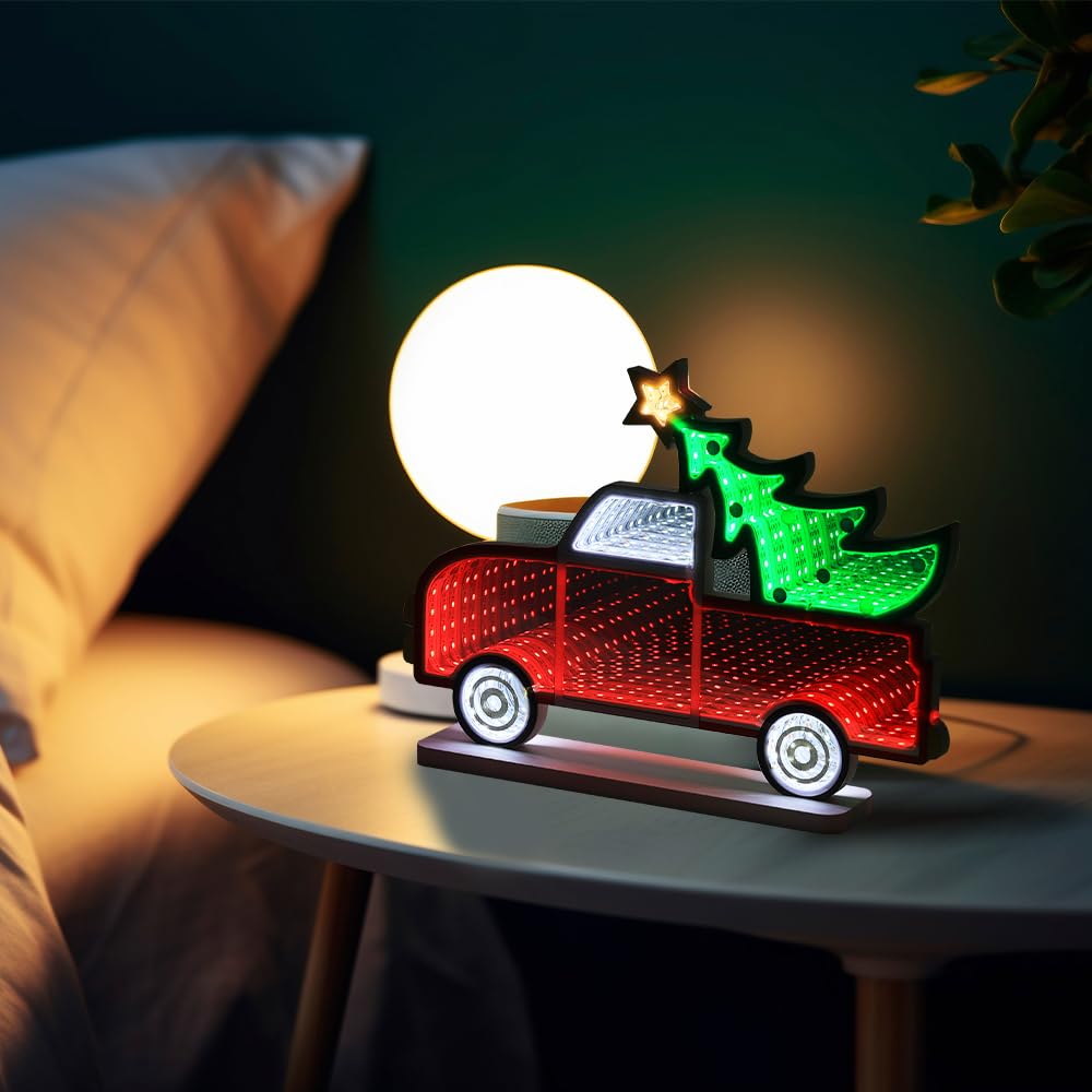 MEETYAMOR Christmas Decorations Indoor, Christmas Tree Truck Infinity Mirror Tunnel Light, 3D Endless Extension LED Night Lamp,