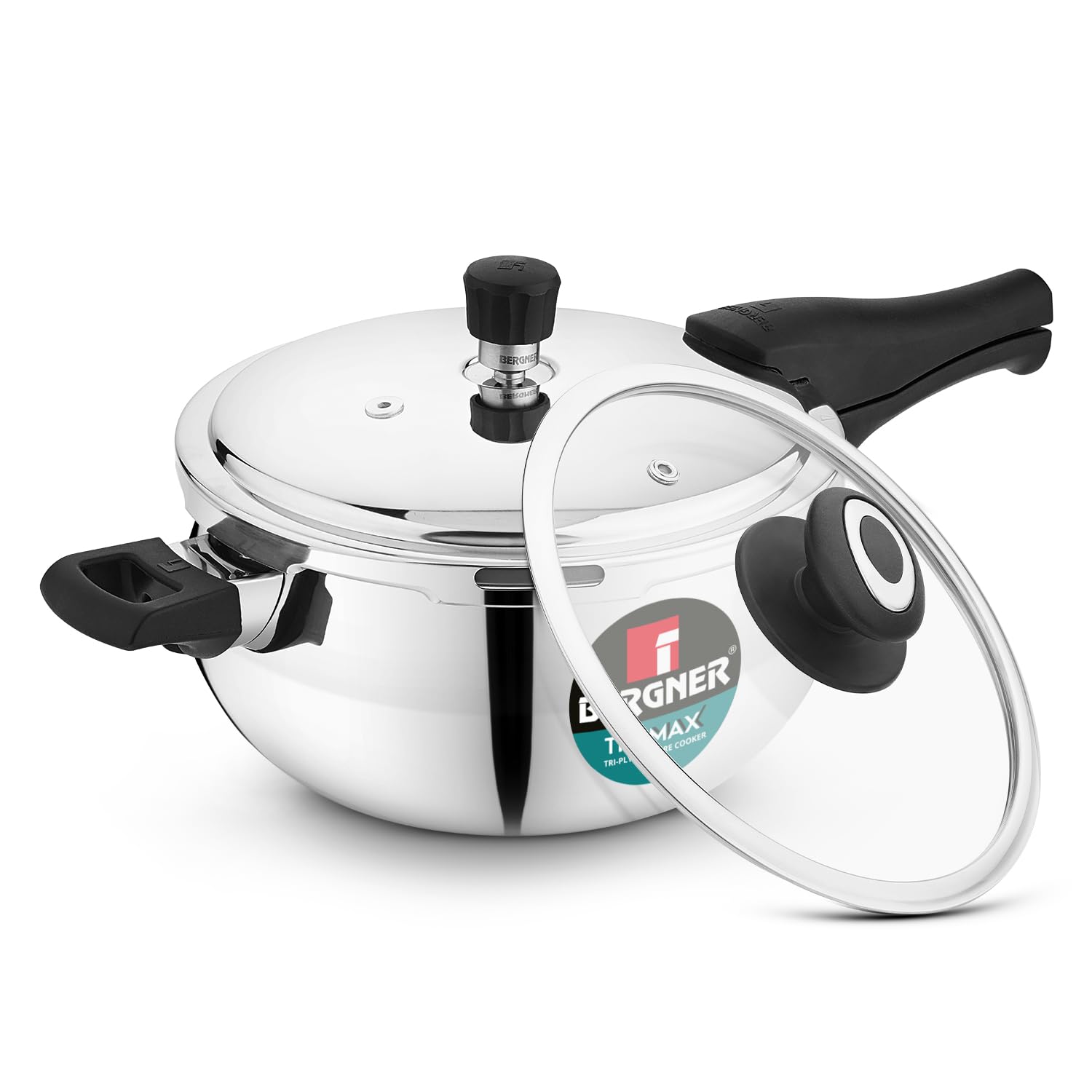 Bergner Trimax Orb Triply Stainless Steel 5 Liters Belly Shape Outer Lid Pressure Cooker With Extra Glass Lid, Less Oil Use, Hea