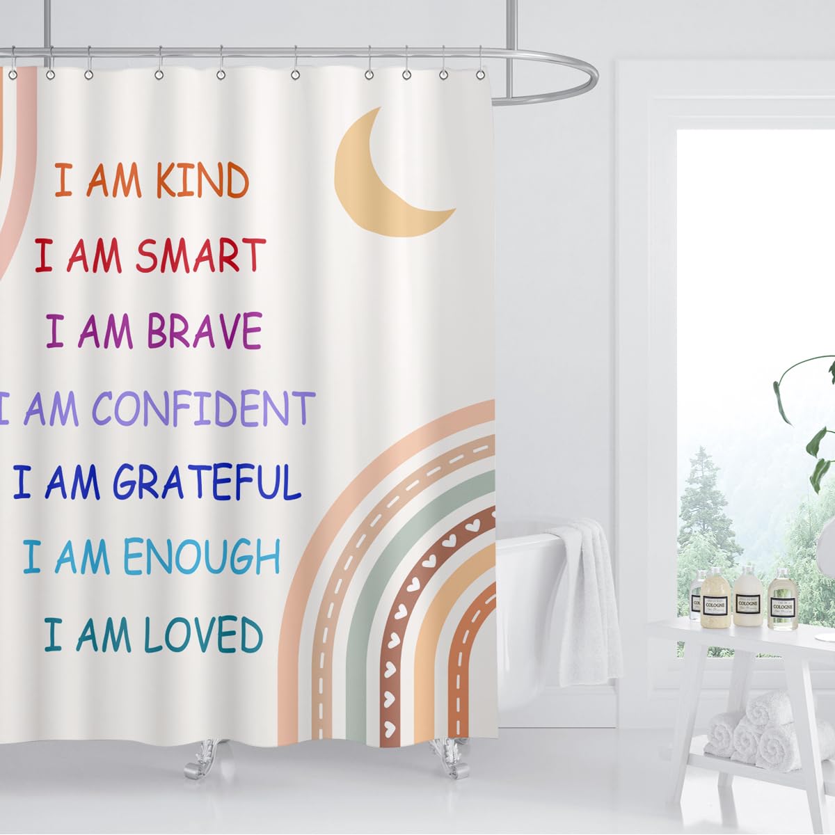 Zxmbf Boho Rainbow Quotes Shower Curtain Colorful Inspirational Positive Kids Teen Girls Abstract Moon Sun Fabric Home Bathroom