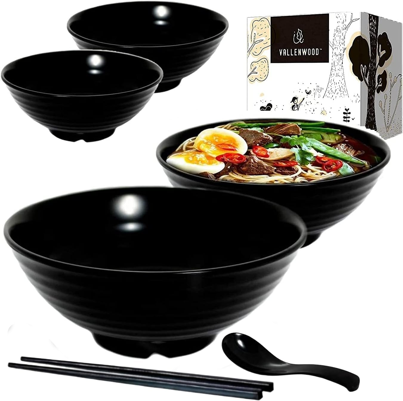 Vallenwood 4 Ramen Bowls, 12 Pieces Pho Set. All Black Asian Japanese Soup. Utensil: Spoons And Chopsticks Kit. Melamine. Large