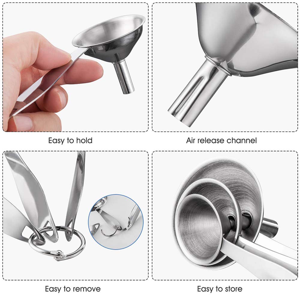 Toncoo 3-In-1 Premium Kitchen Funnel Set, Food Grade Stainless Steel Funnel For Filling Bottles, Small Bottle Funnel, Metal Funn