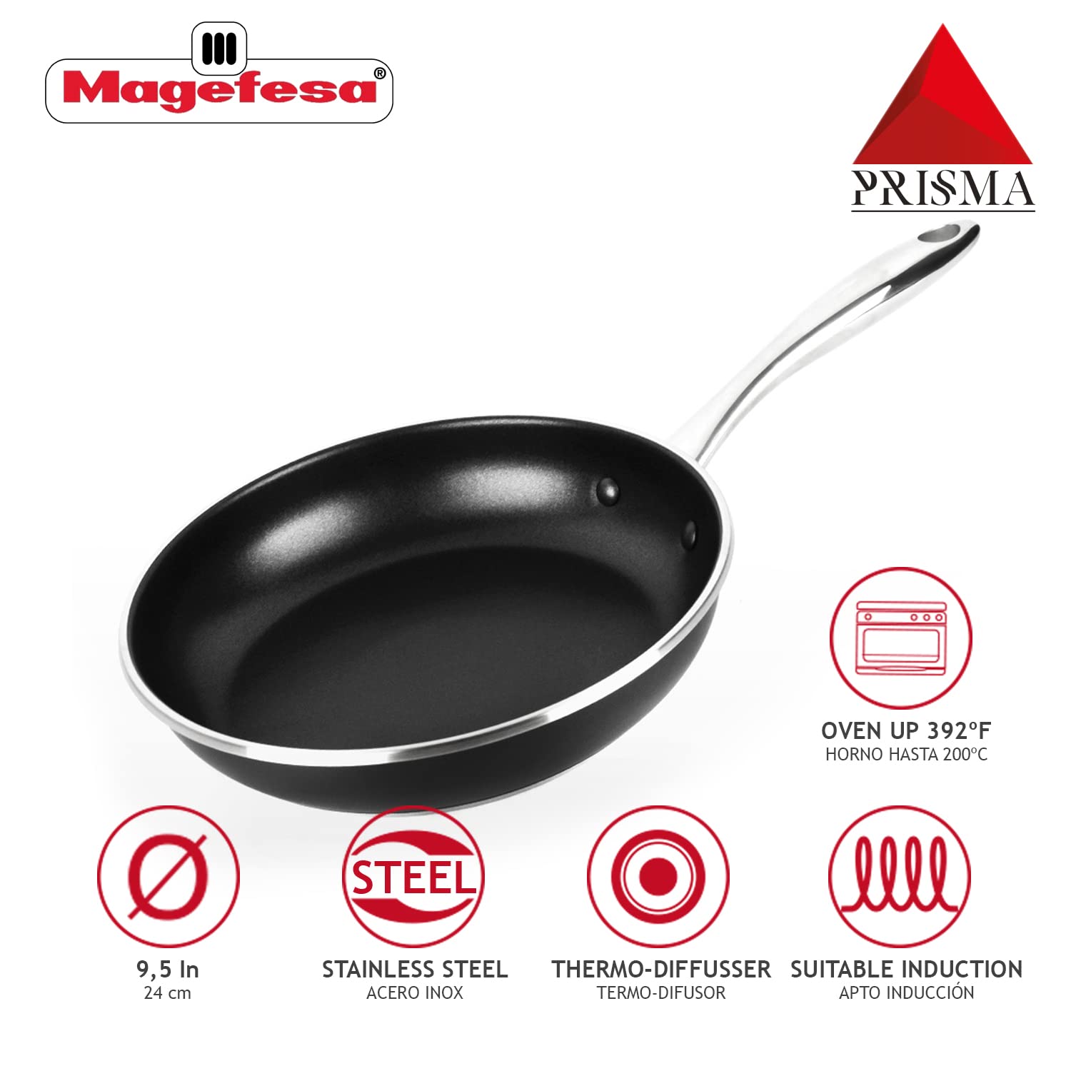 Magefesa Prisma - 9.4 Inches Skillet, Frying Pan, Made In 18/10 Stainless Steel, Triple Layer Non-Stick, For All Types Of Kitche