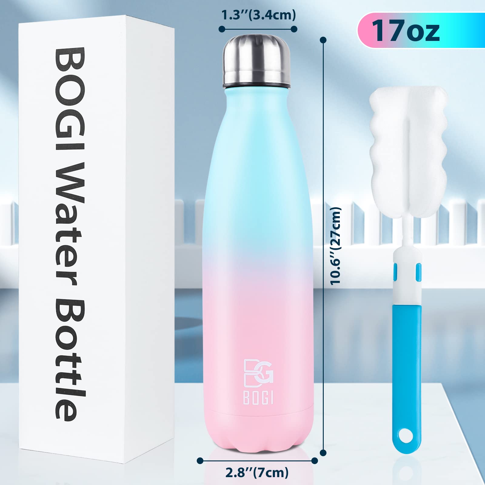 Bogi Insulated Water Bottle, 17Oz 2 Pack Stainless Steel Water Bottles, Leak Proof Sports Metal Water Bottles Keep Drink Cold Fo