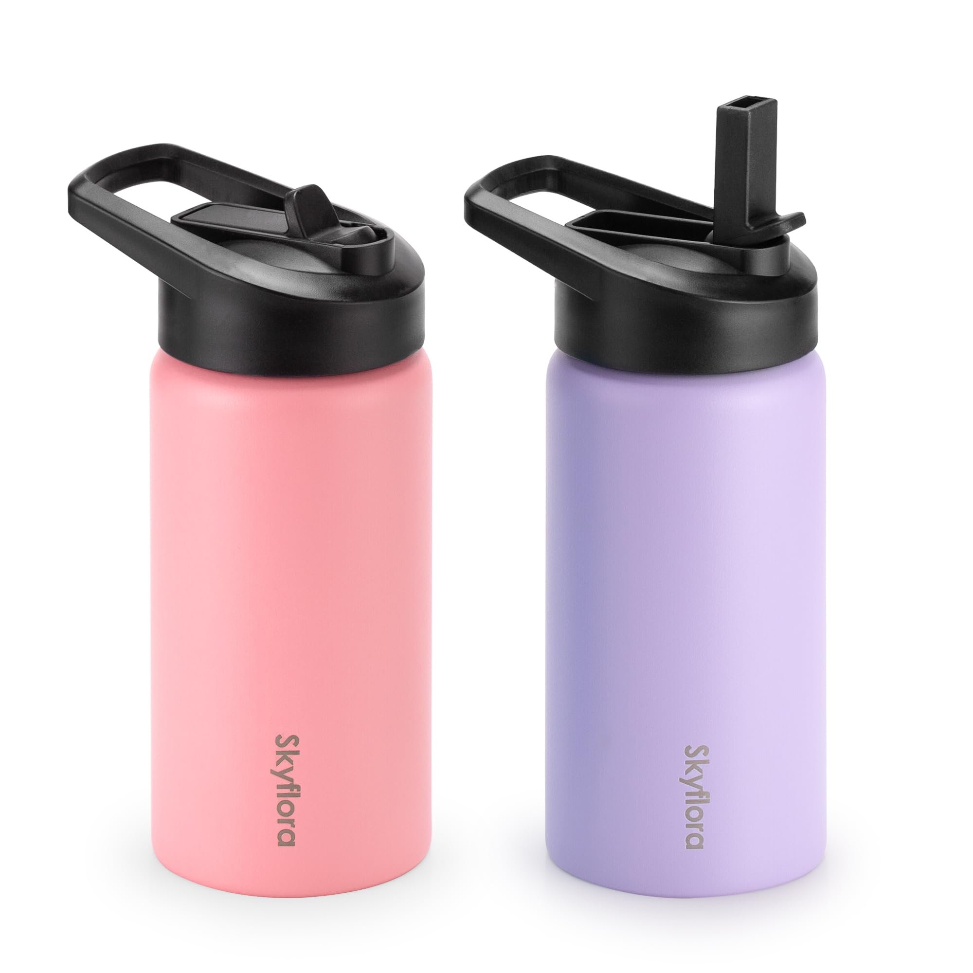 Kids Water Bottle with Straw 2 Pack, 16oz Water Bottles Bulk, Single Wall 18/8 Stainless Steel, Dishwasher Safe & Leakproof, Reu