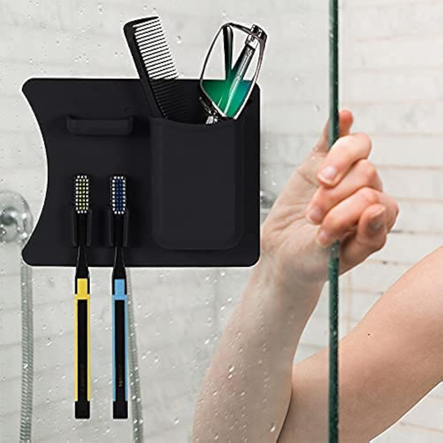 Frafuo Shower Toothbrush Holder For Shower Wall-Couples Black Adhesive Toothbrush Holder For Shower-Waterproof Holes In Bottom+S