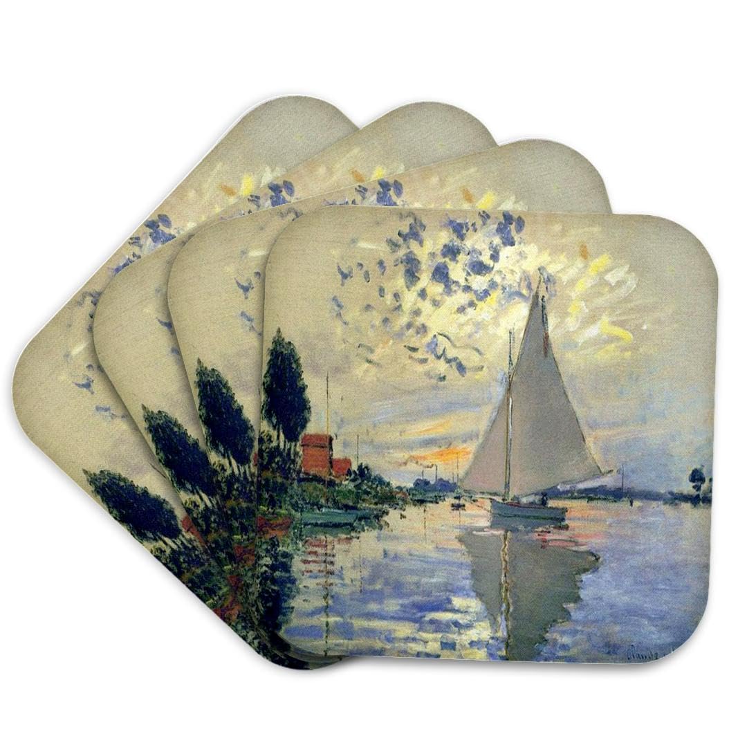 3dRose CST_203678_1 Print of Monet Painting Sailboat at Le Petit Soft Coasters, Set of 4