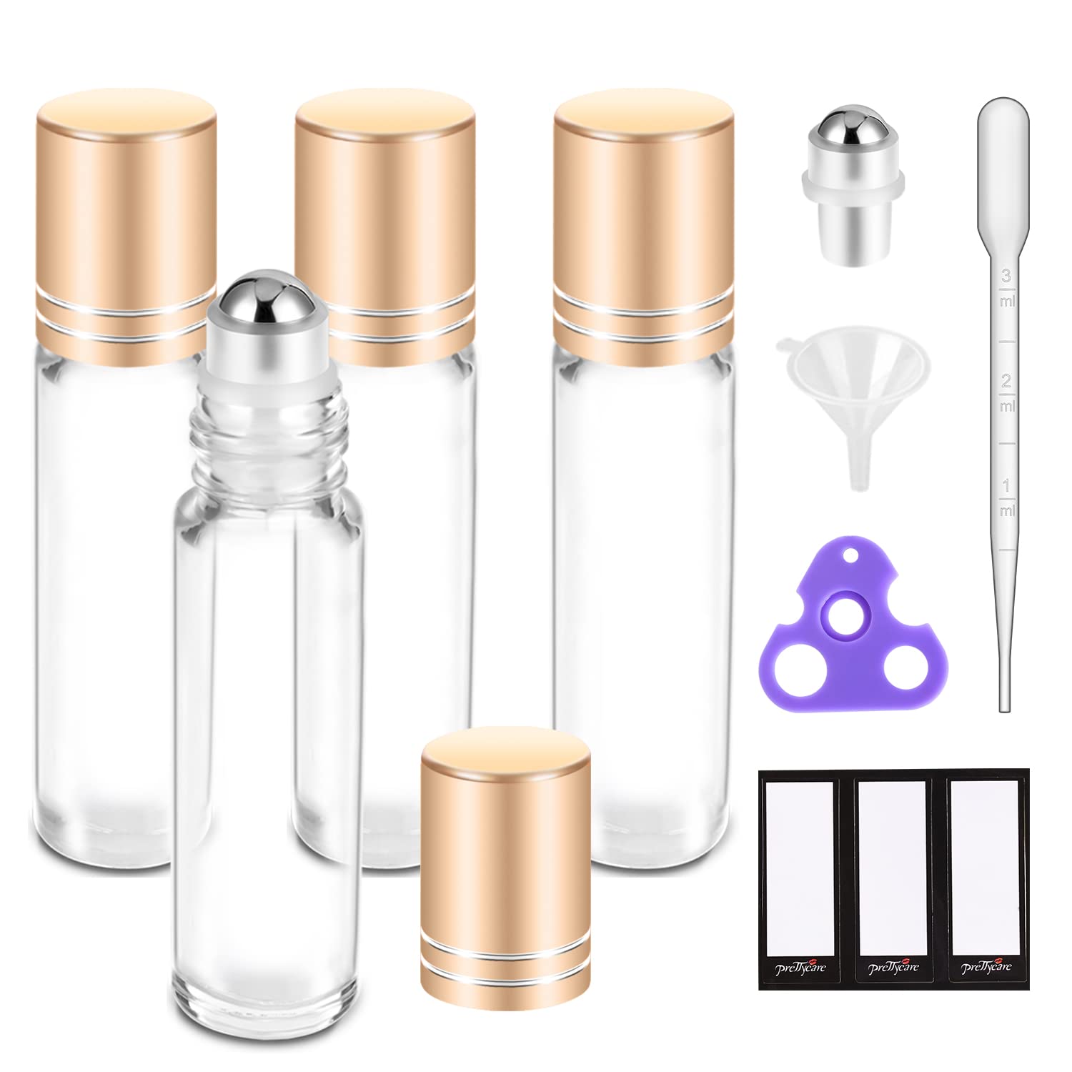 Prettycare Essential Oil Roller Bottles For Oils 10Ml Glass Clear Perfume Bottles Empty With Extra Roller Balls, Opener, Funnel,