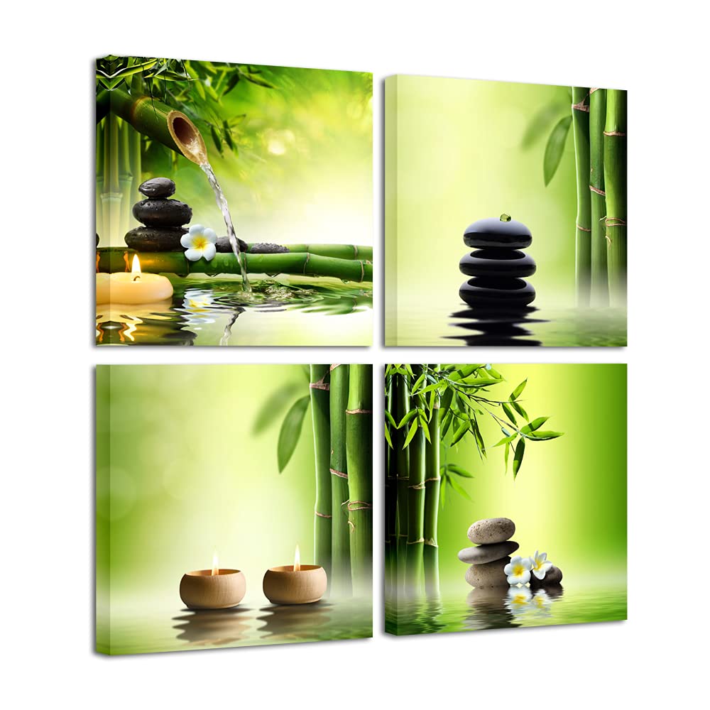 Pyradecor Modern 4 Panel Stretched Contemporary Zen Canvas Prints Perfect Bamboo Green Pictures on Canvas Wall Art for Home Offi