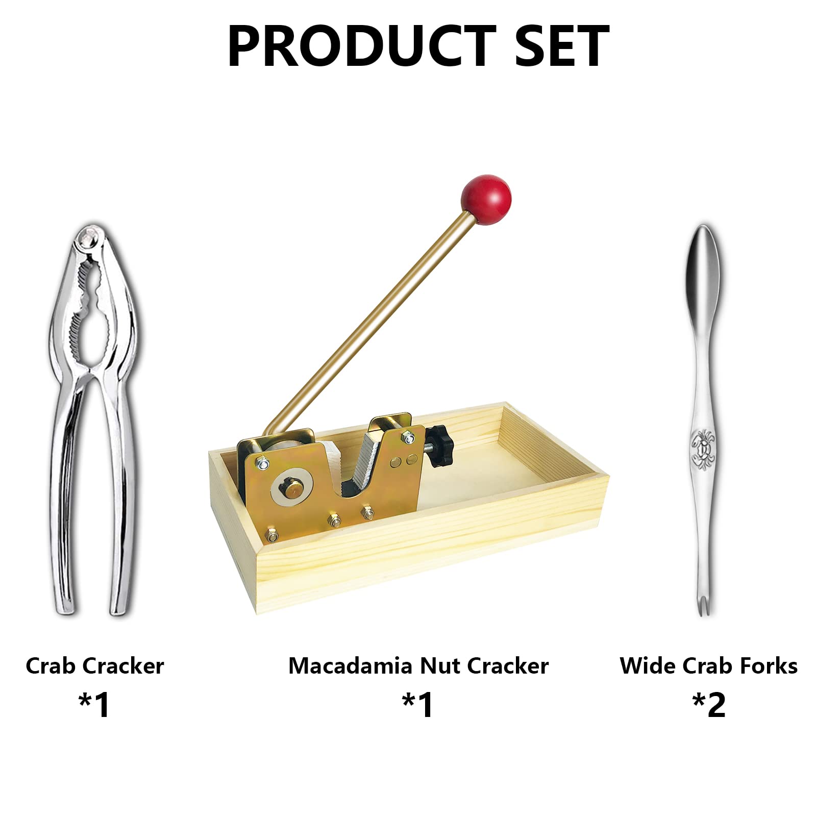 Artcome Heavy Duty Macadamia Nut Cracker Set with Crab Cracker & Forks, Stainless Steel, Model XWY-Cracker4pc, Wood Handle Base