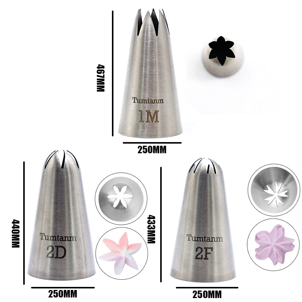 Tumtanm 1M 2D 2F Seamless Stainless Steel Large Icing Piping Nozzles, Diy Icing Nozzle Tool For Cupcakes