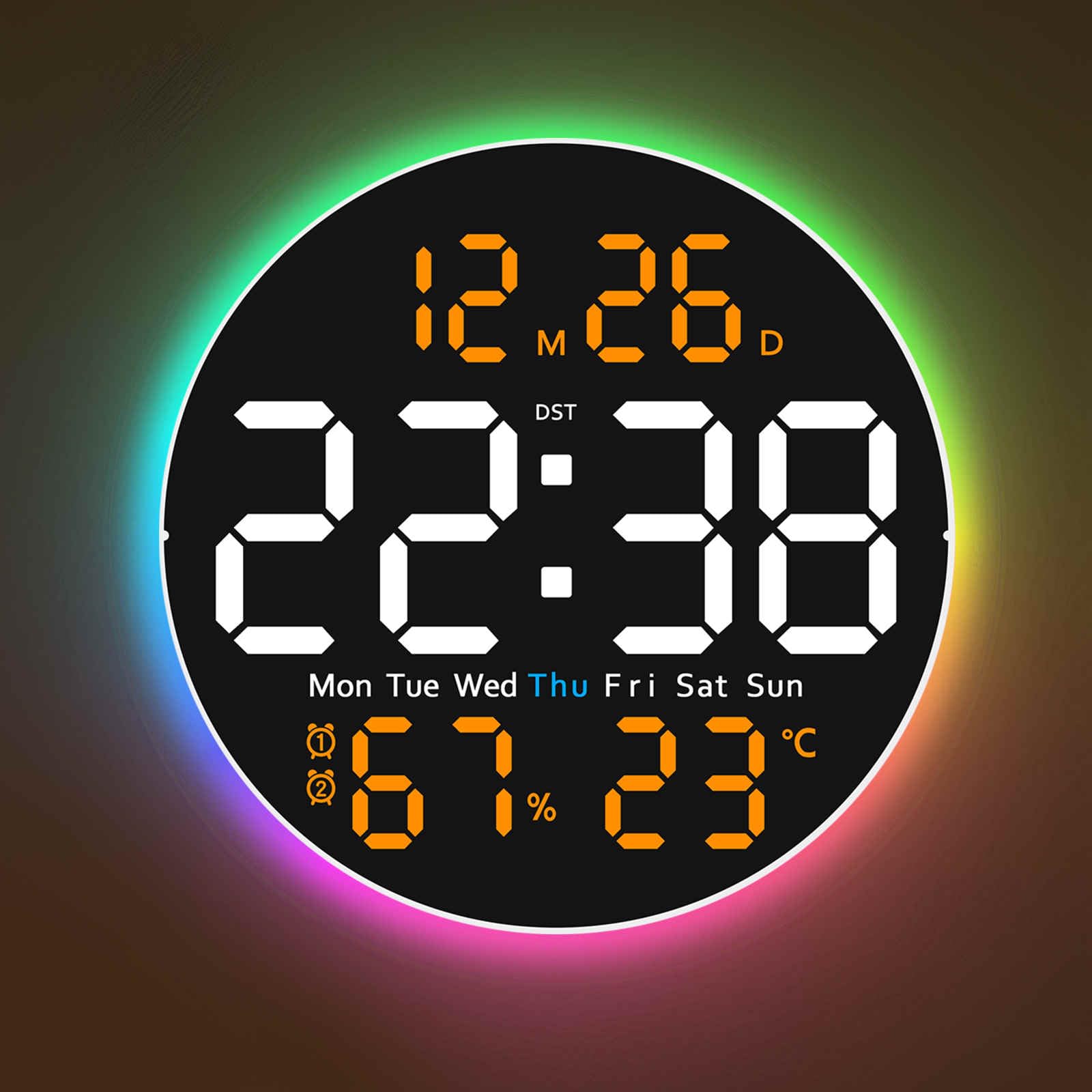 Glokuuca 10 Inch Large Digital Wall Clock With 9 Color Changing Remote Control, Date Week Temperature, Auto Brightness Dimmer Bi