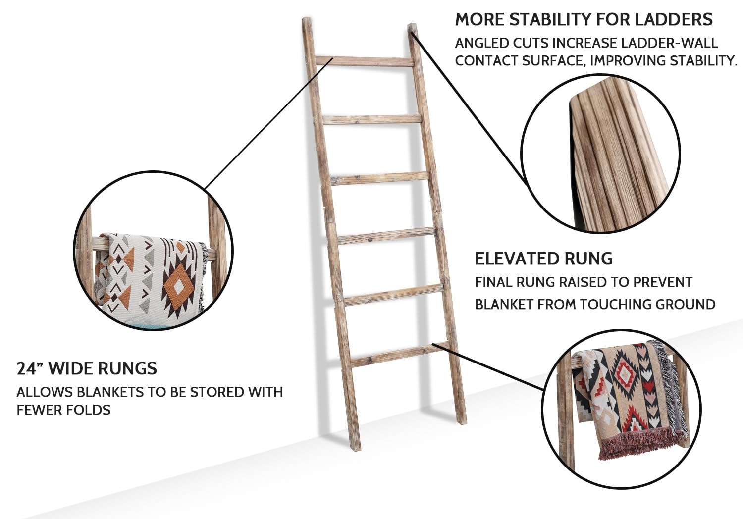 Fuin 6.4Ft Extra Wide Wooden Blanket Ladder Living Room Decorative Wal Leaning Farmhouse Quilt Display Holder Rustic Wood Towel