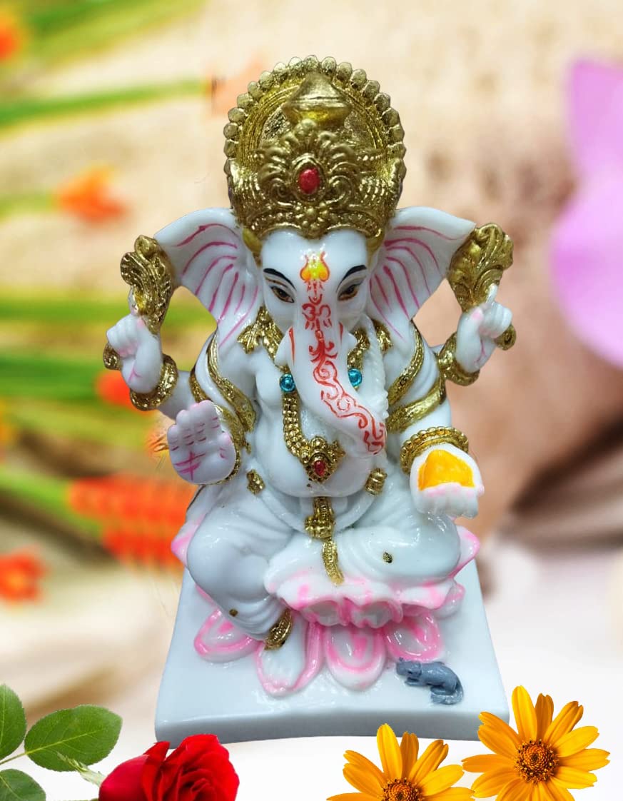 Rudram Arts Marble Dust Ganesha Statue Ganesh Ganpati Murti Idols For Home Office Decor (Size: 18 Cm X 10 Cm)