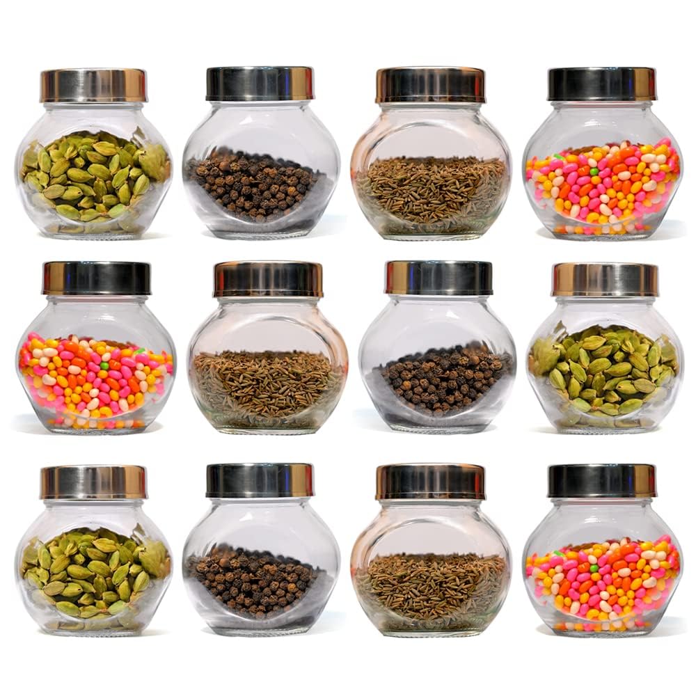 Sand Dune Set Of 12, 200 Ml Each Storage Glass Jar Steel Cap, Transparent | Bpa Free | Storage Jar Containers/Barni For Kitchen 