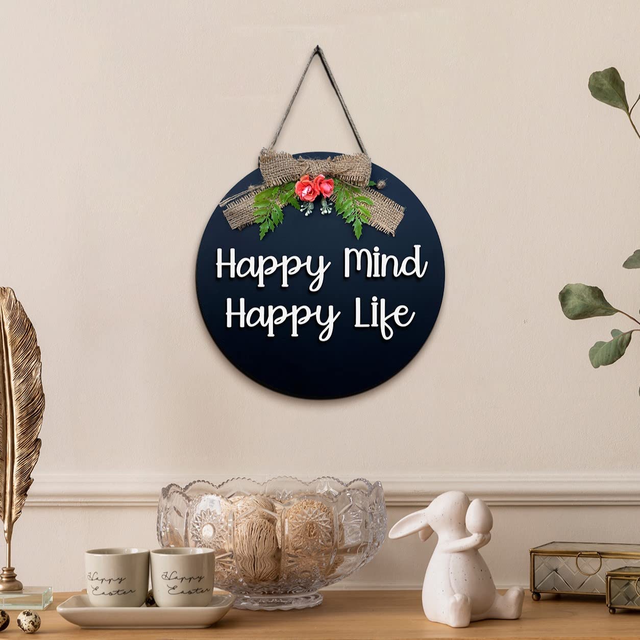 Happy Mind Happy Life Wall Hanging Quote Wall Hanger for Home Decor | Office | Gift | Bedroom | Wall Art For Living Room | Moder