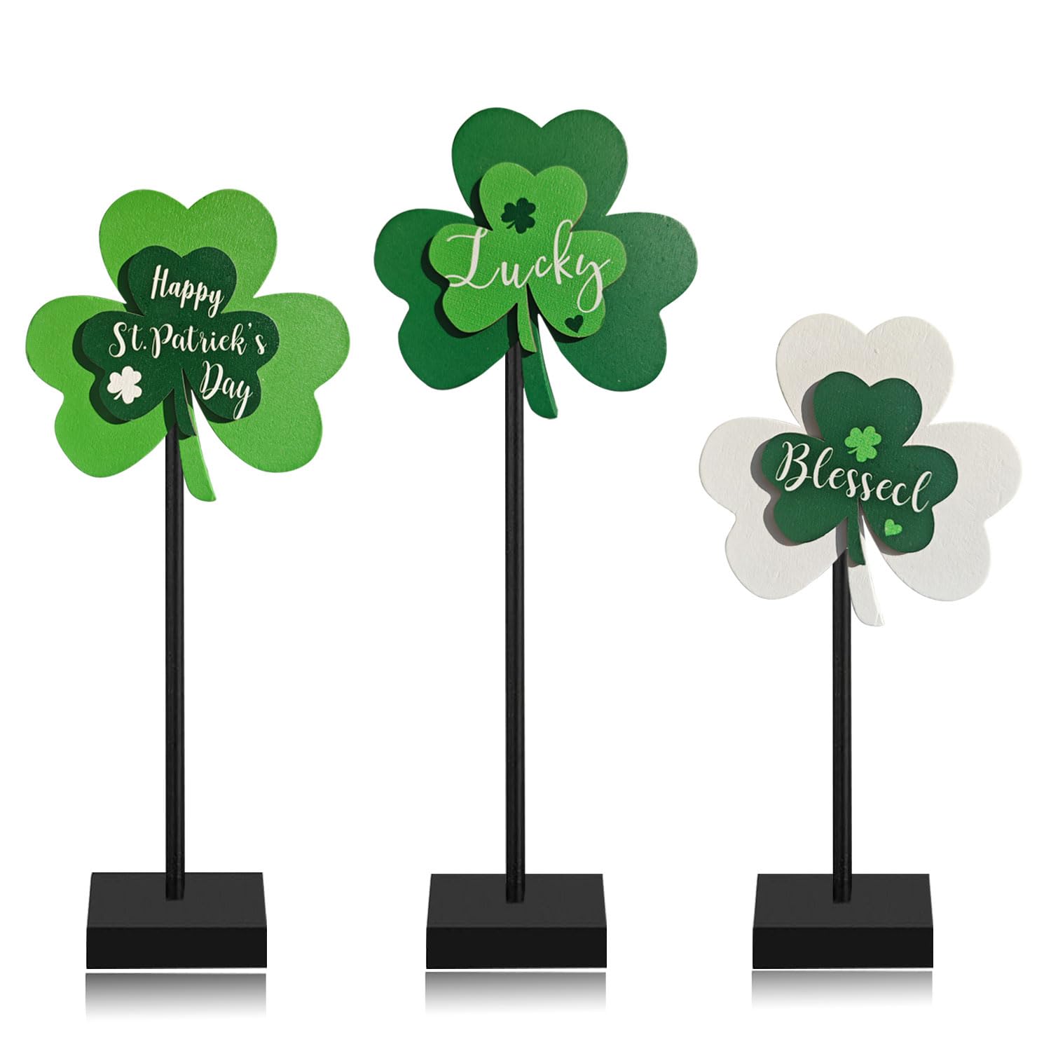 Happy St. Patricks Day Blessed Lucky Irish Wood Sign Decor Farmhouse Home Office Coffee Bar Kitchen Table Decor 3 Pieces Green