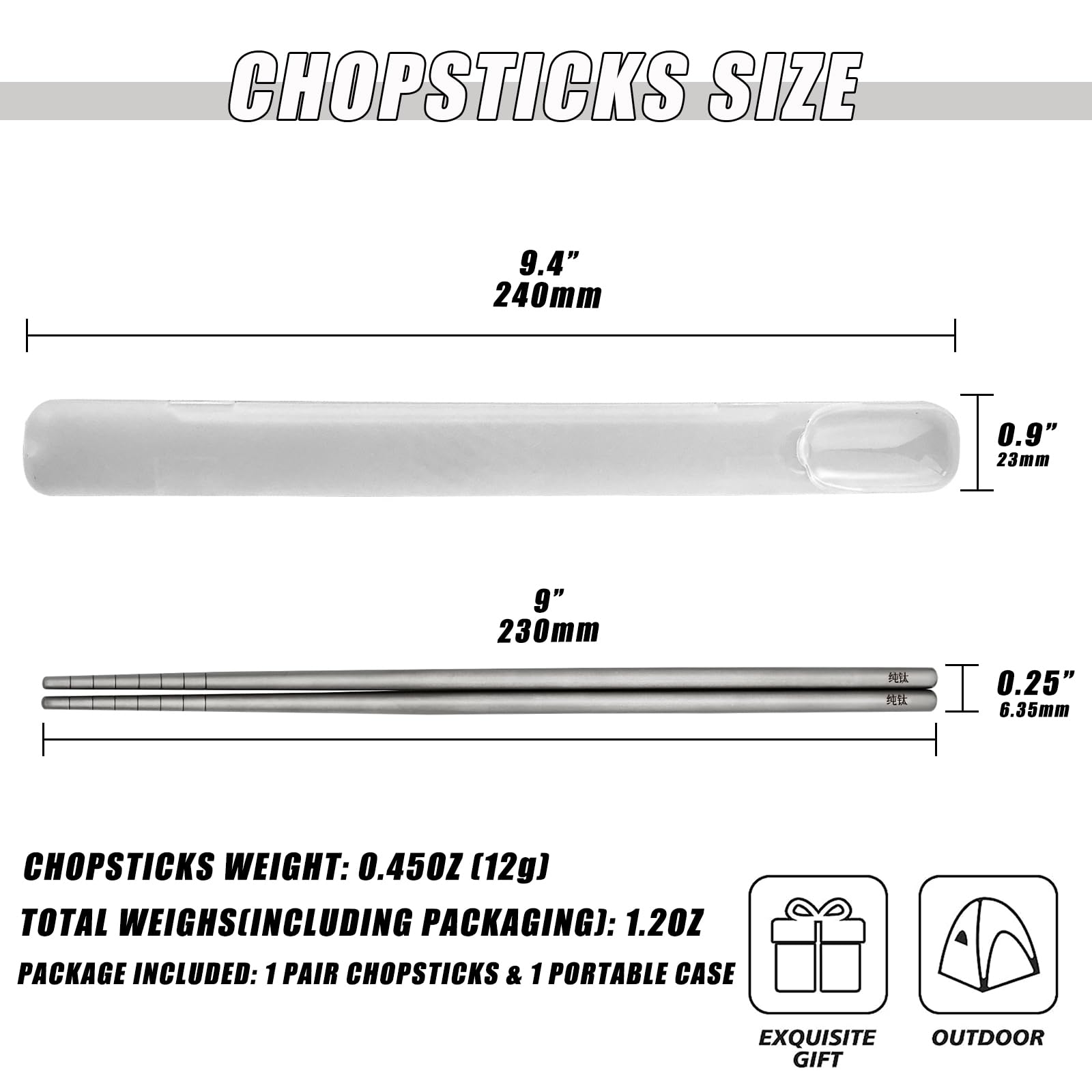 Carimee Titanium Chopsticks 1 Pair With Carry Case, 9    Lightweight Chopsticks Reusable, Travel Utensils, Non-Slip, Dishwasher