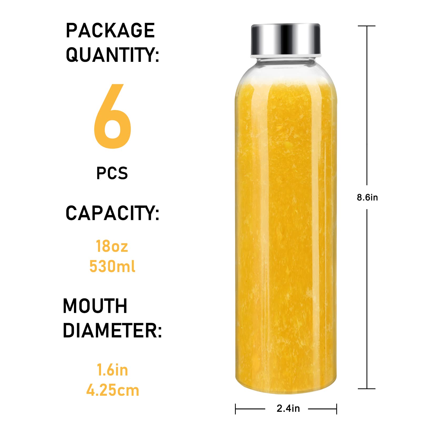 Sursip 18Oz Glass Water Bottle Set Of 6, Clear Glass Juice Bottle For Juicing,Reusable Drinking Bottles With Stainless Steel Lid