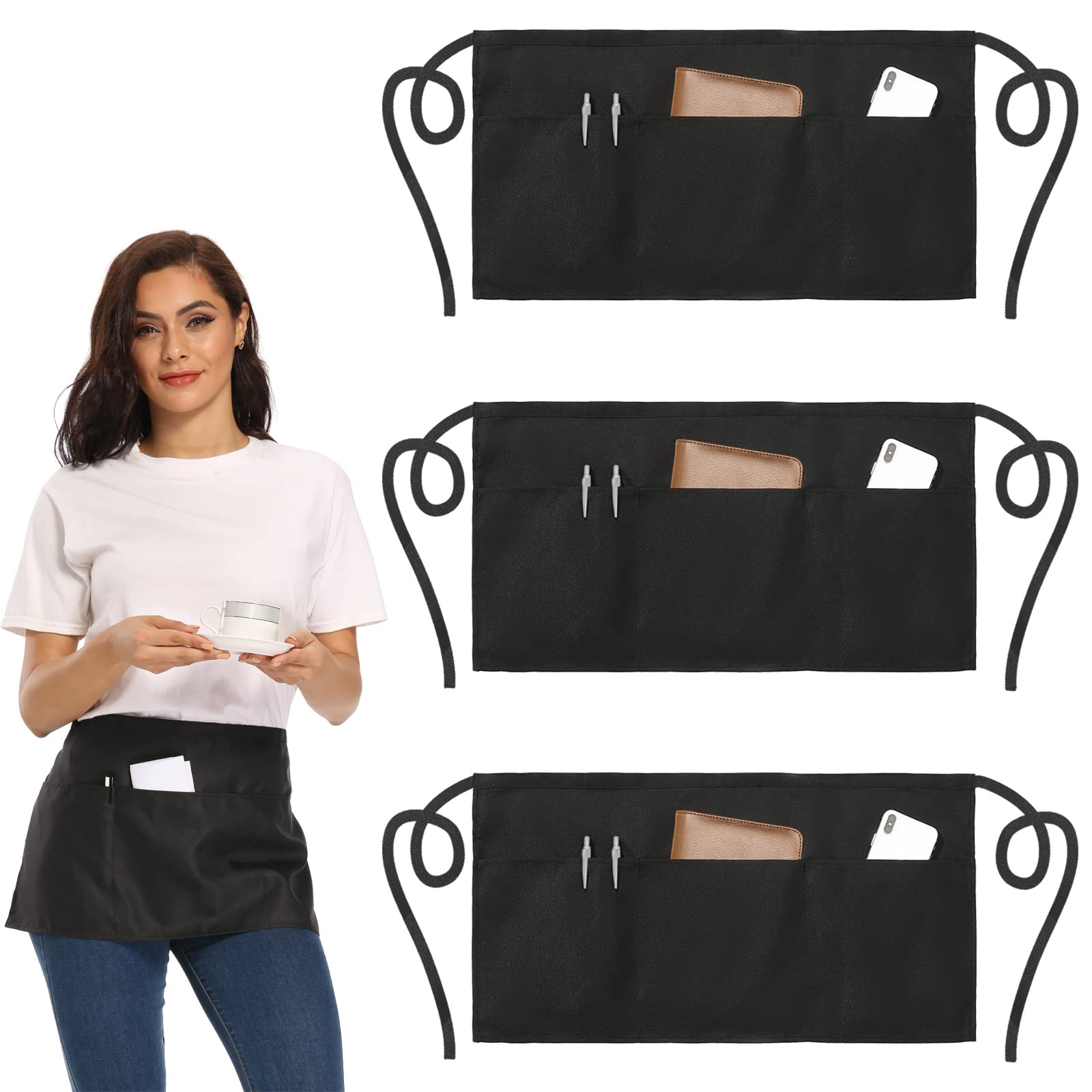 3 Pack Waitress Aprons With 3 Pockets  Waist Aprons For Women Men Commercial Waiter Half Apron With Extra Long Straps Reinforce
