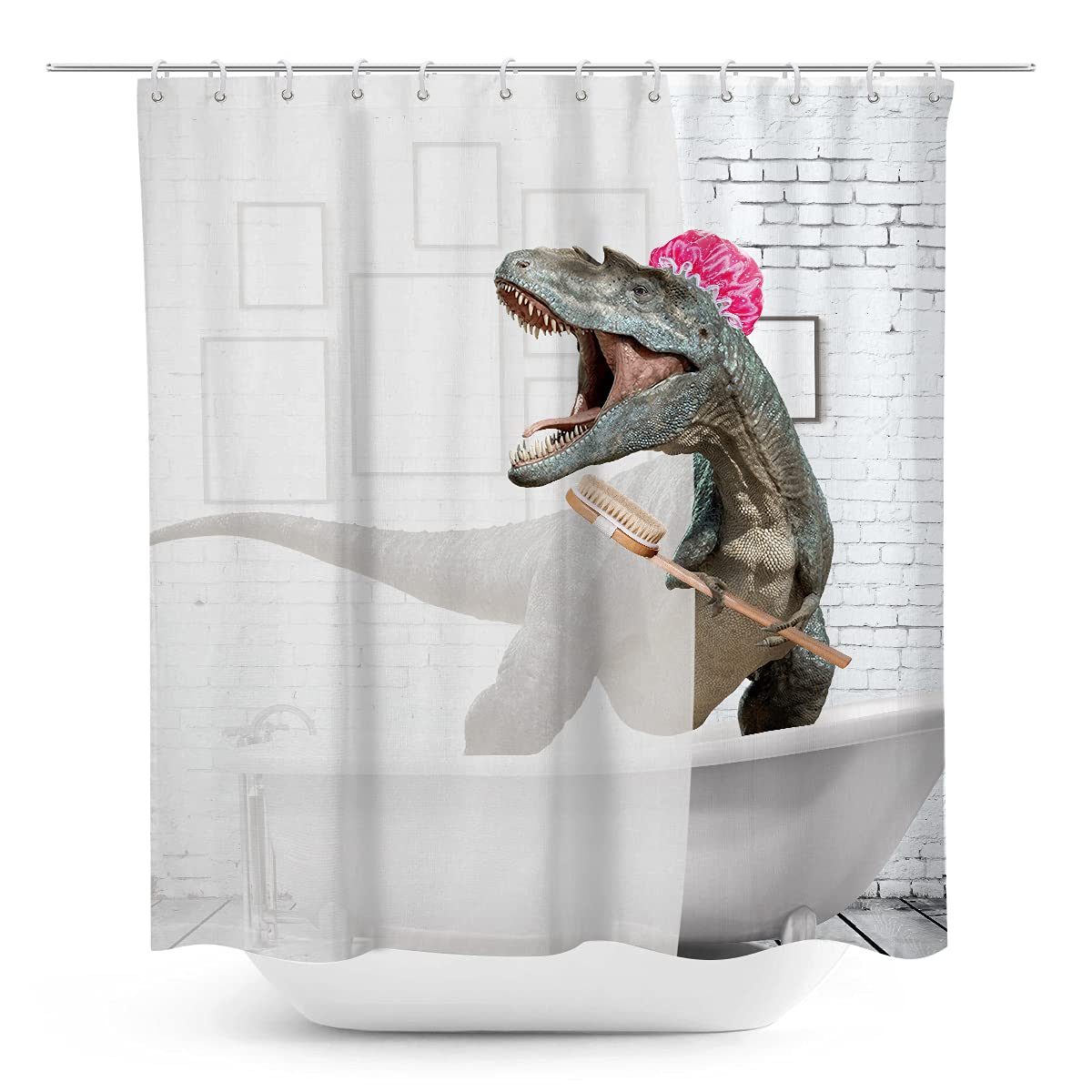Coxila Funny Dinosaur Shower Curtain Dino Kid Cute Cartoon Children Animal Monster Fun Girl Boy White And Grey 60X72 Inch Polyes