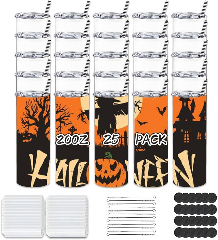 Kocdam 25 Pack Sublimation Blanks Tumblers with Lids and Straws Bulk, 20oz Sublimation Tumbler Skinny Straight, Stainless Steel 