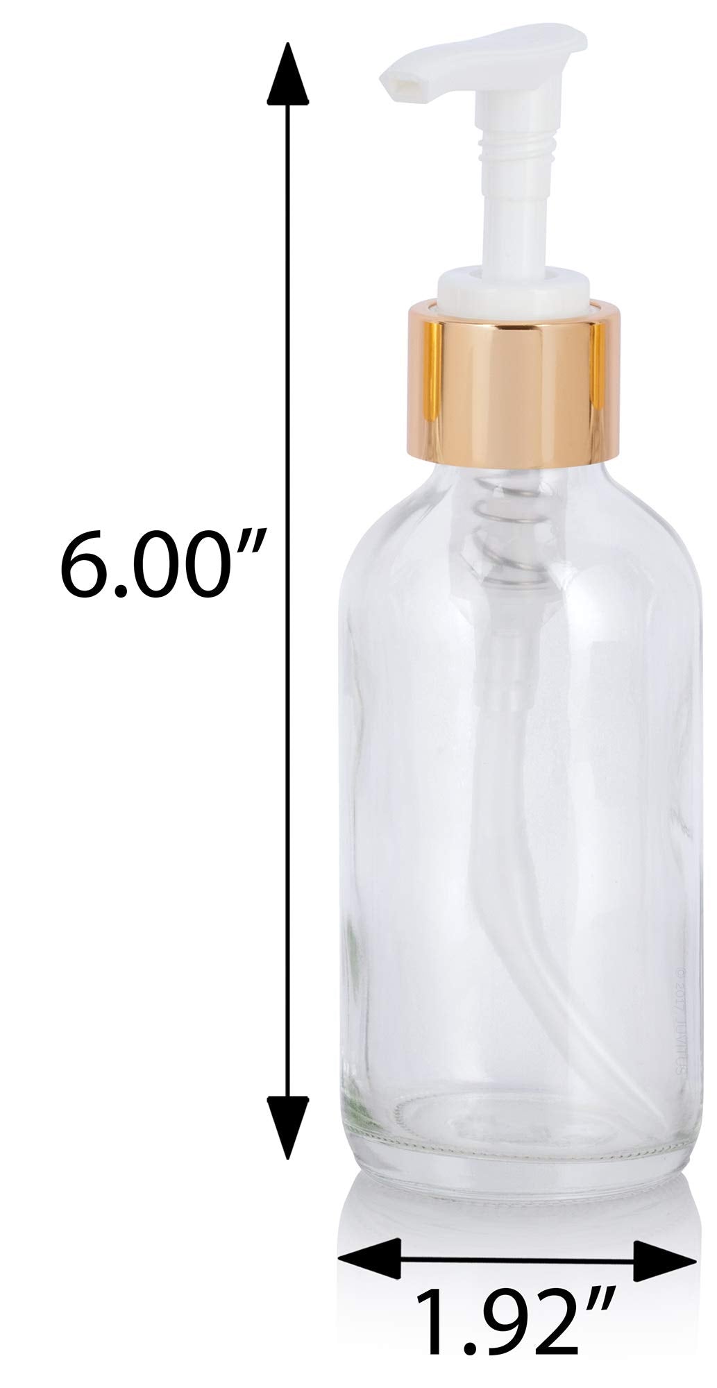 Juvitus 4 Oz Clear Boston Round Thick Plated Glass Bottle With Gold Lotion Pump (12 Pack) + Funnel - Perfect For Home Decor, Kit