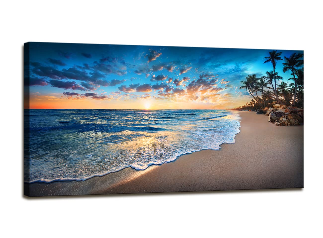 Jiuqinghua Canvas Prints Wall Art Blue Beach Ocean Landscape Paintings 1 Panel Sunset Sea Waves Wall Decor Pictures Stretched An