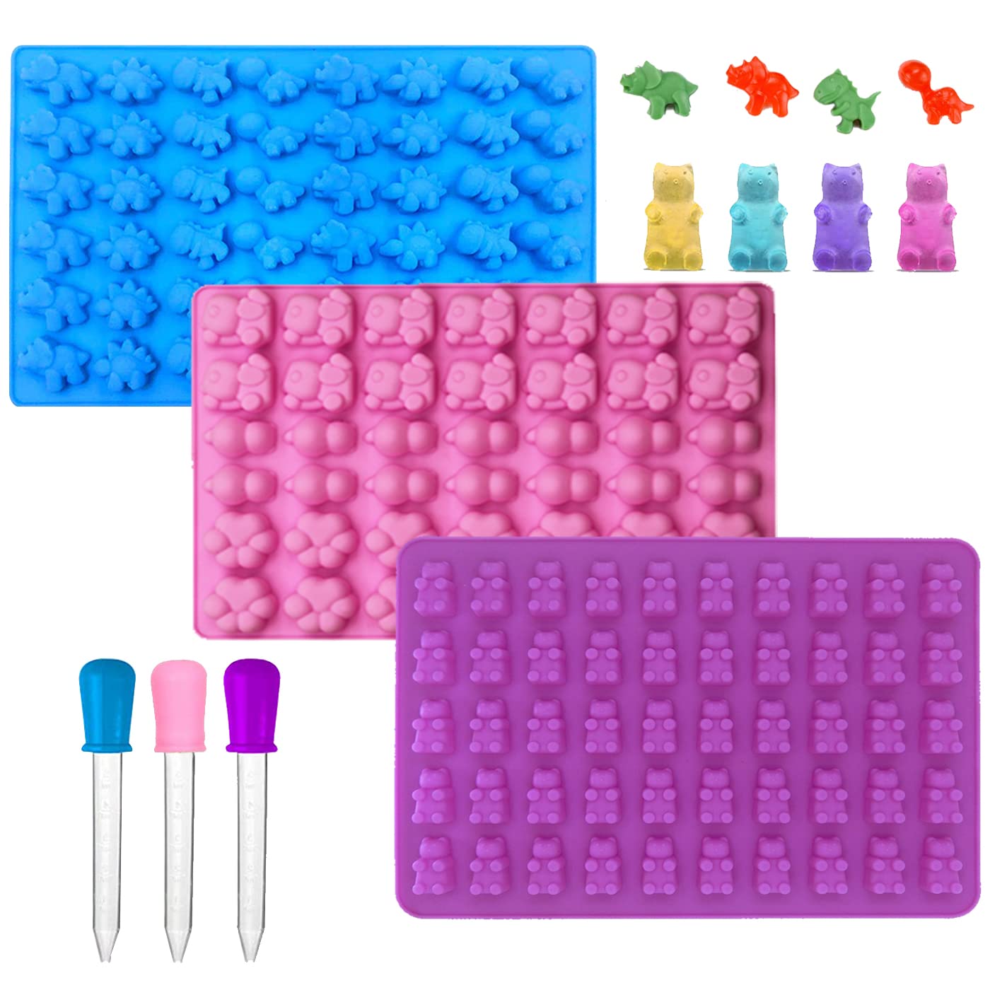 3-Pack Mini Dinosaur, Bear Shape,Panda And Panda Claws Candy Chocolate Non-Stick Silicone Mold And Ice Cube Tray, Silicone Candy