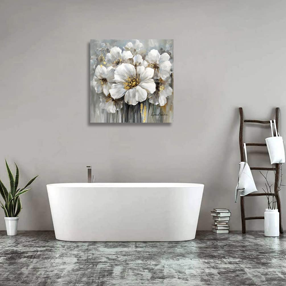 Flower Picture Decor Wall Art White And Gray Floral With Gold For Bedroom Bathroom Walls Decoration, Canvas Framed 36''X36''