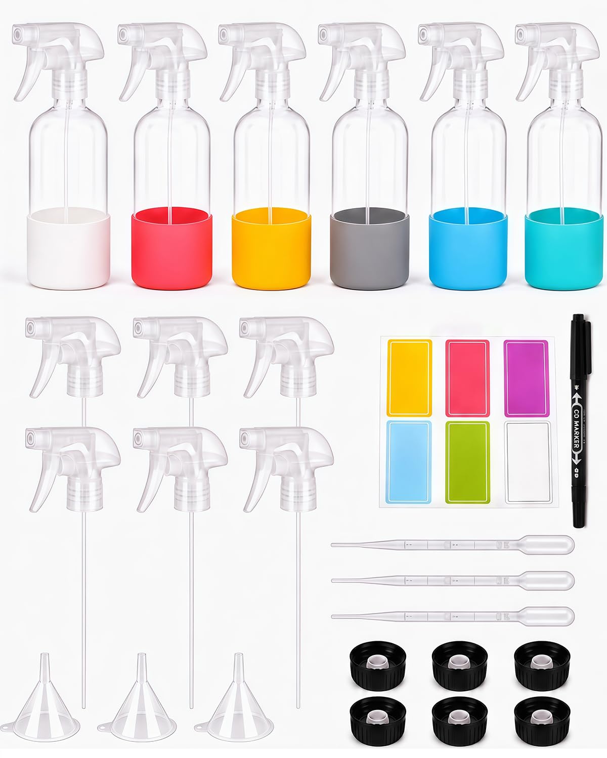 HAPPYER 6 Pack Glass Spray Bottles 16 Oz with Dual Nozzles, Refillable Spray Bottle Glass Set with Silicone Protective Base, Lab