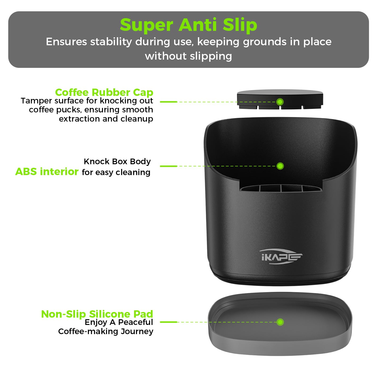 Ikape Espresso Knock Box For Coffee Grounds, Barista Tool Enhanced For Better Manipulation - Black Espresso Machine Coffee Puck