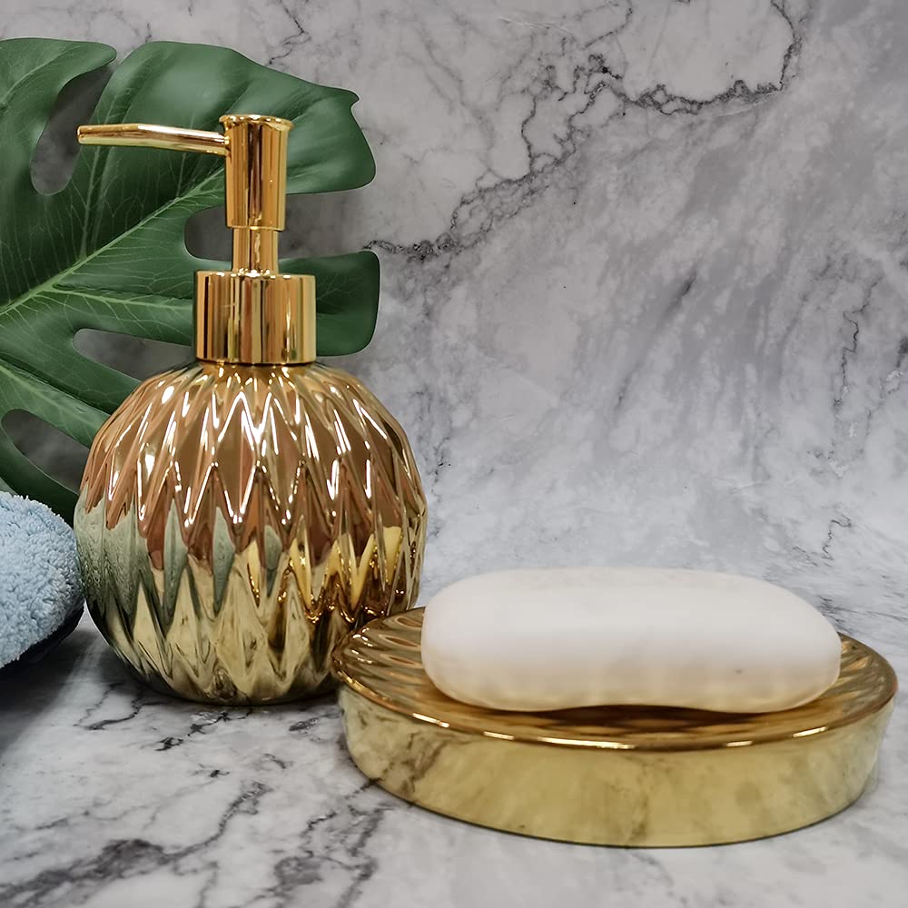 Ceramics Gold Soap Dispenser For Bathroom, Round Soap Dispenser With Delicate Embossed Rhombus Design (Gold)