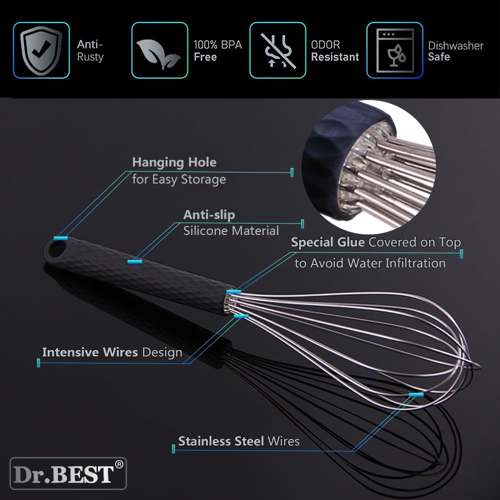 Dr.Best Stainless Steel Whisk Egg Beater Anti-Slip Silicone Handle Comfortable Grip(11 Inch/Black)