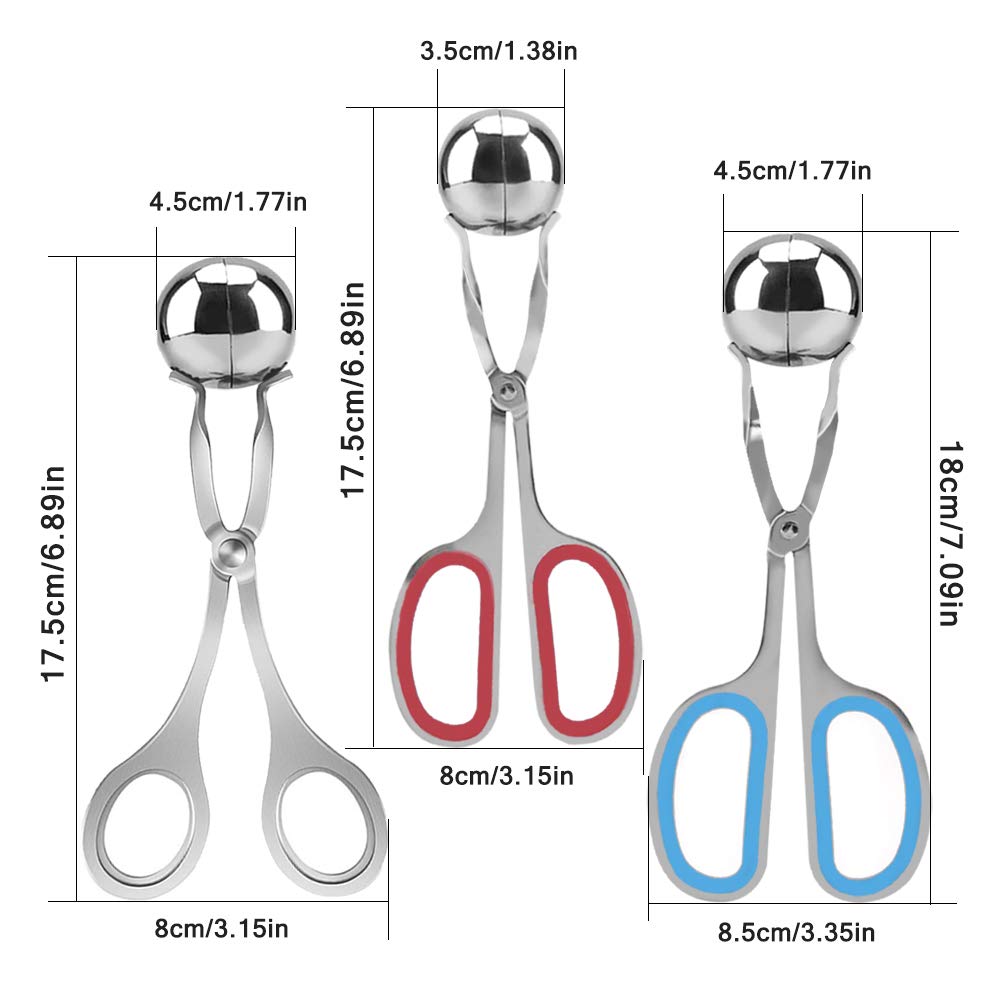 3 Pcs Stainless Steel Meat Ballers, Aifuda Nonstick Meatball Scoop Ball Maker Ice Tongs For Cake Pop, Ice Cream Scoop, Fruit, Co
