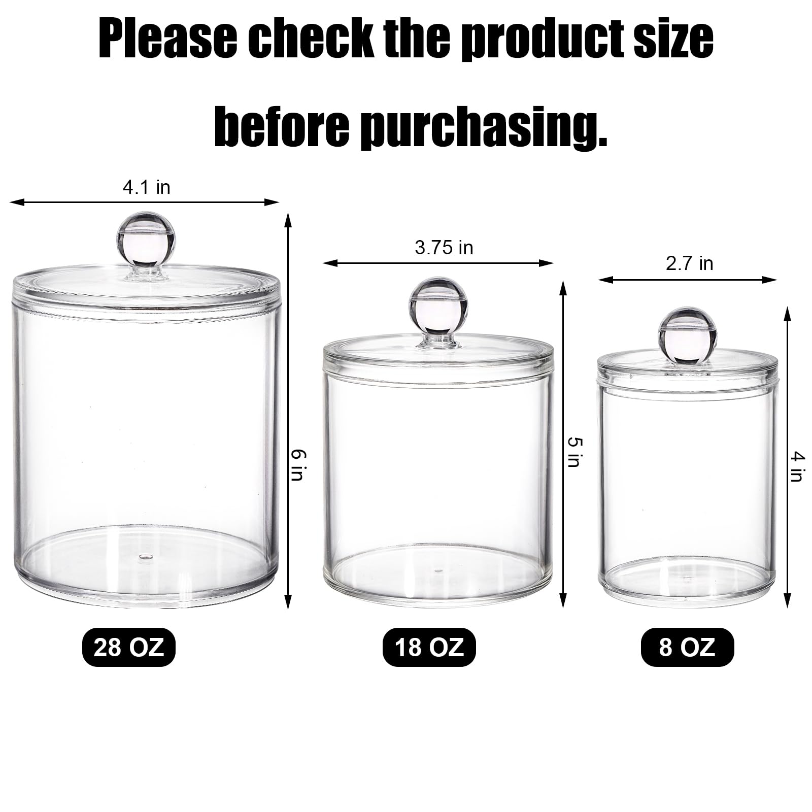 Youeon 6 Pack Acrylic Apothecary Jars With Lids, 32/20/10 Oz Clear Cotton Ball Holder, Cotton Pad Holder, Qtip Holder Bathroom C