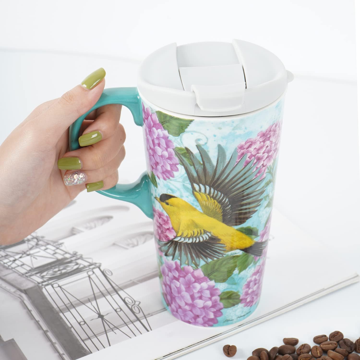 Tzssp Ceramic Mug Coffee Porcelain Latte Tea Cup 17Oz. Humming Bird