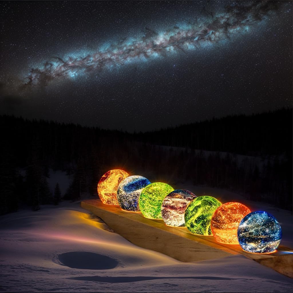 vskikris 40mm Crystal Quartz Stones 7 Chakra Natural Healing Spheres with LED Wooden Stand for Meditation Positive Energy Night