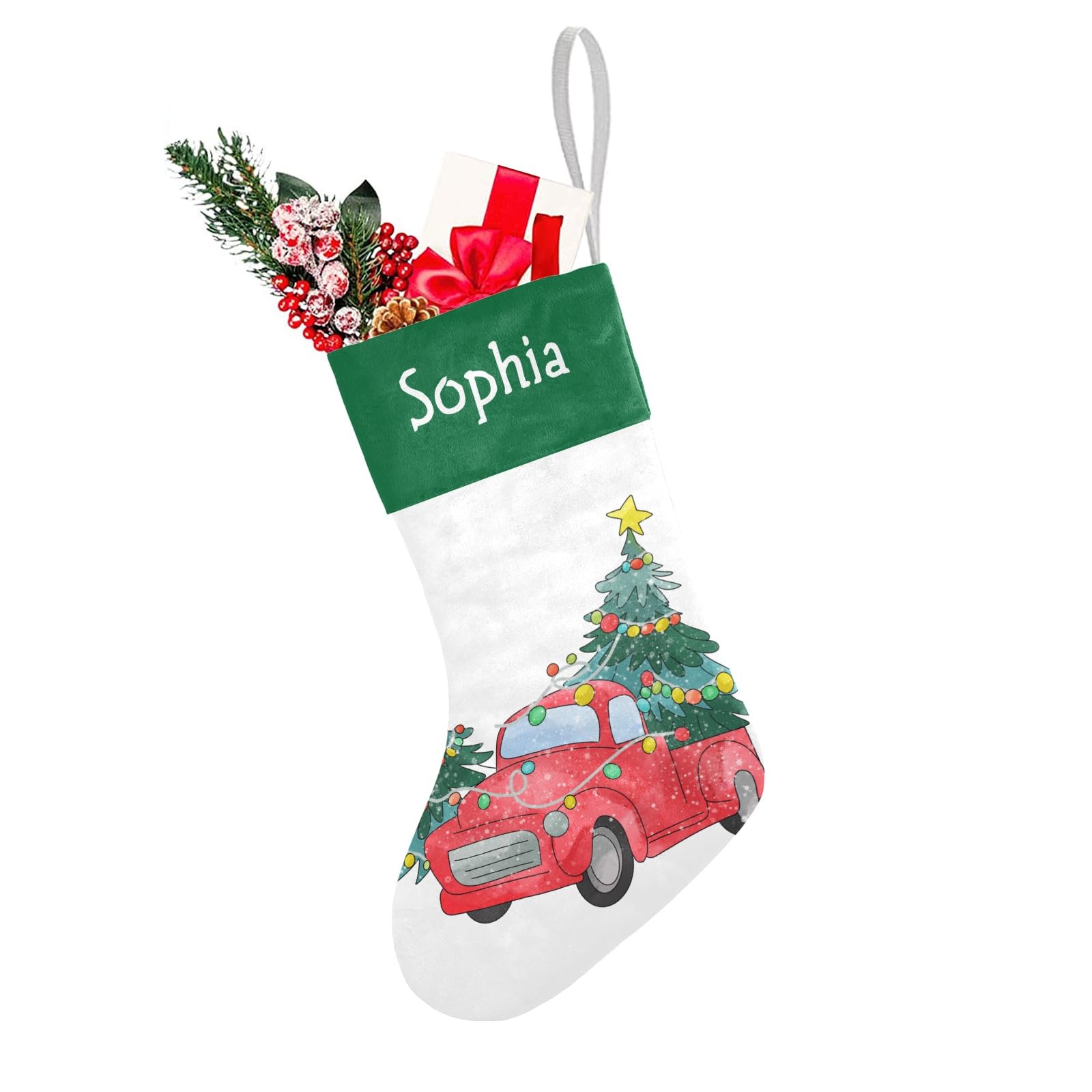 Christmas Truck Christmas Stockings Custom Name Party Family Decor Festive Santa Candy Gift Bag Socks 17.52 x 7.87 Inch