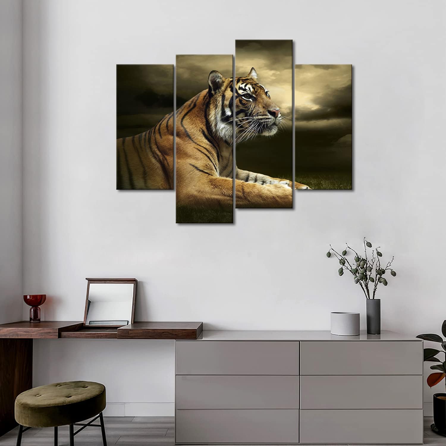 4 Panel Wall Art Tiger Looking and Sitting Under Dramatic Sky with Clouds Painting Pictures Print On Canvas Animal The Picture for Home Modern Decoration Piece Stretched by Wooden Frame Ready to Hang