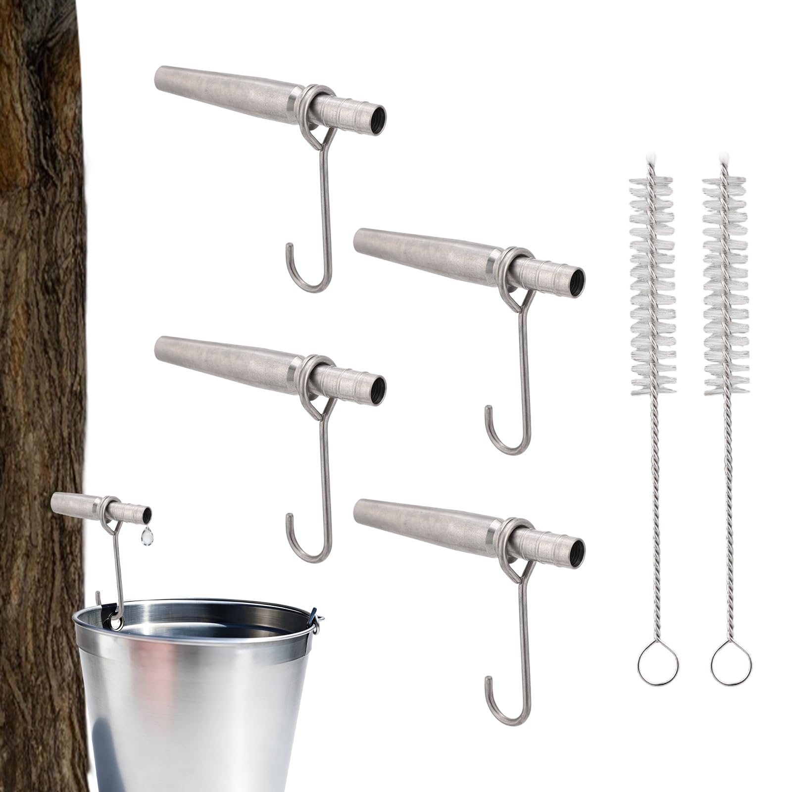 Maple Tree Syrup Tapping Kit, Including 4 Stainless Steel Taps Spiles 4 Hooks and 2 Spile Cleaning Brushes for Maple Syrup Colle