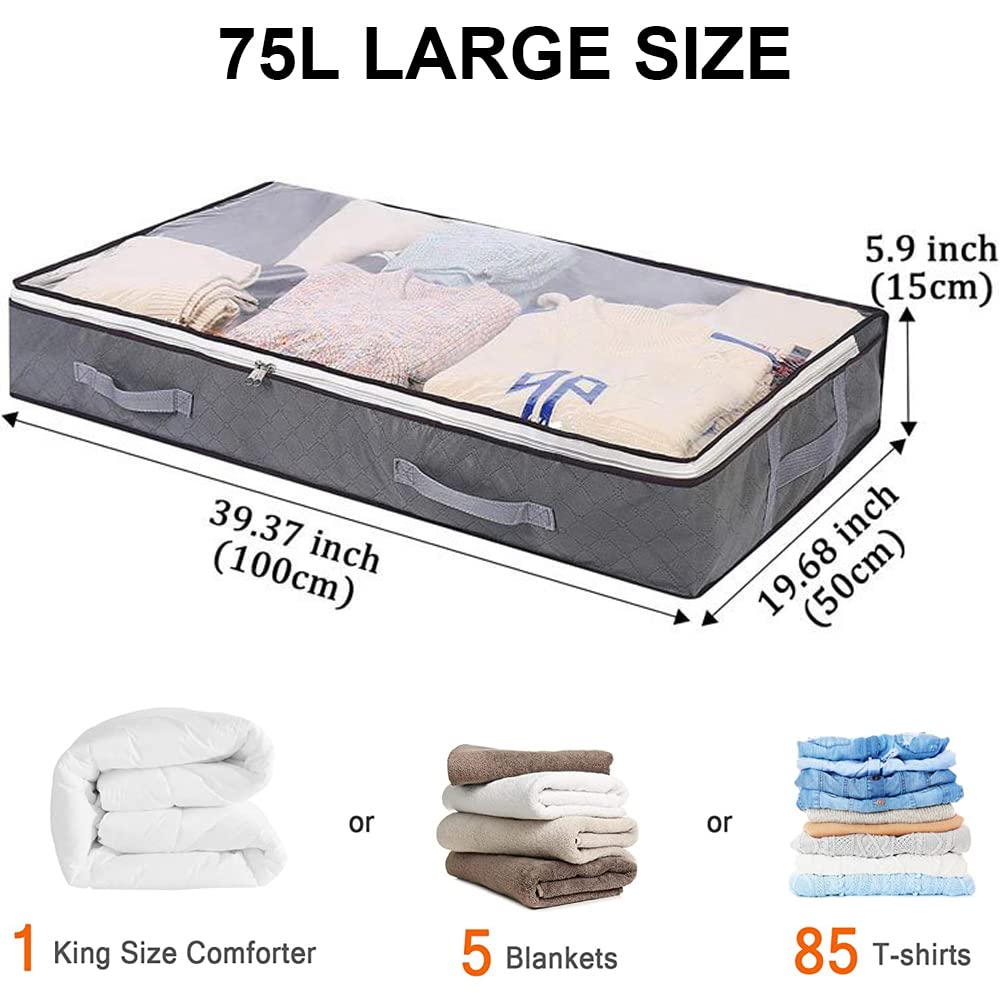 ASANMEYO Under Bed Storage Containers, 4-Pack Large Capacity Underbed Storage Bags Organizer, Thick Fabric Storage Bins with Cle