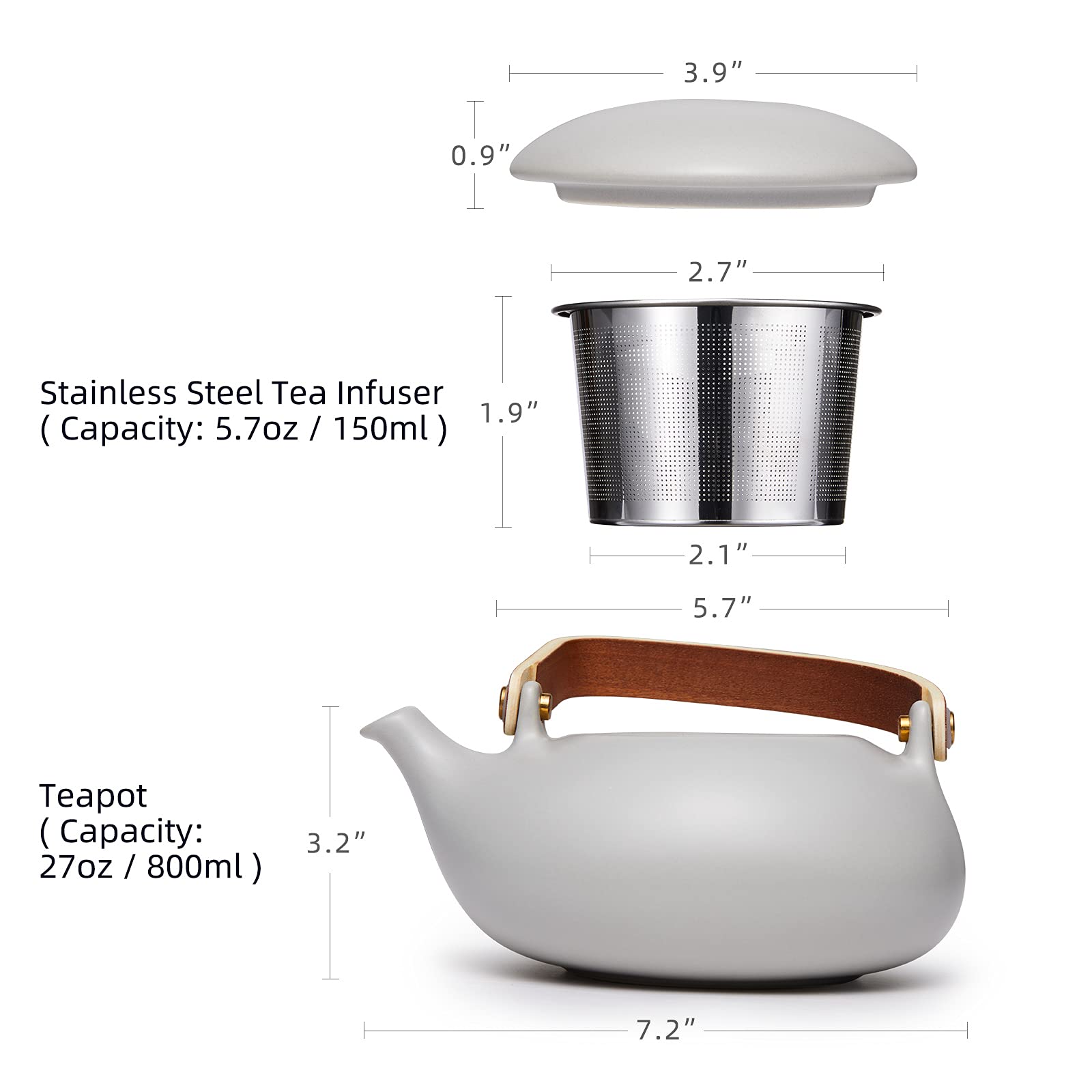 Zens Vintage Japanese Teapot With Strainer, 27Oz Matte Ceramic Loose Leaf Teapot With Infuser For Tea Steeper, Wood Handle Gray