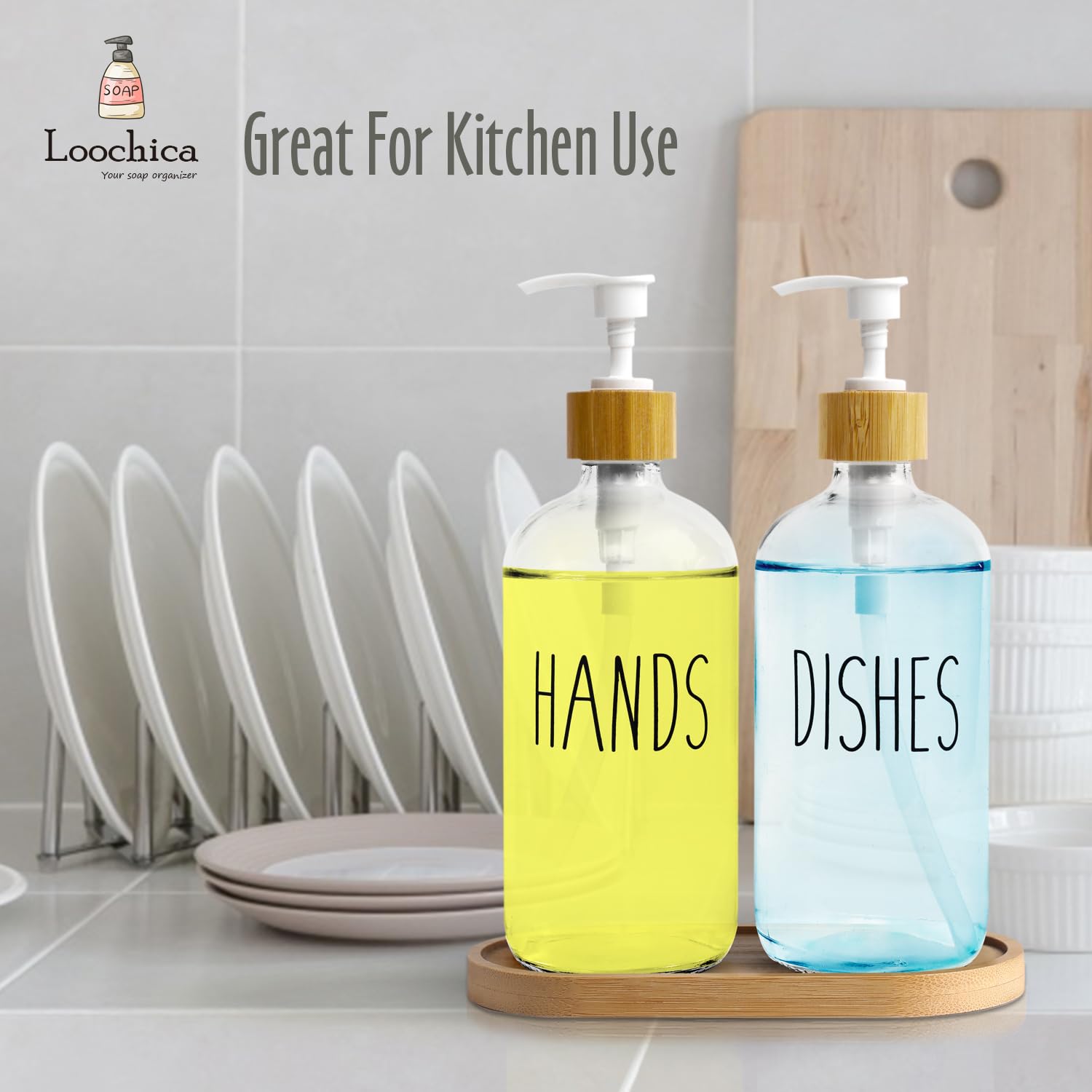 Loochica Clear Glass Soap Dispenser Set With Tray, Transparent Dish And Hand Soap Dispenser Set, Refillable Reusable Apothecary