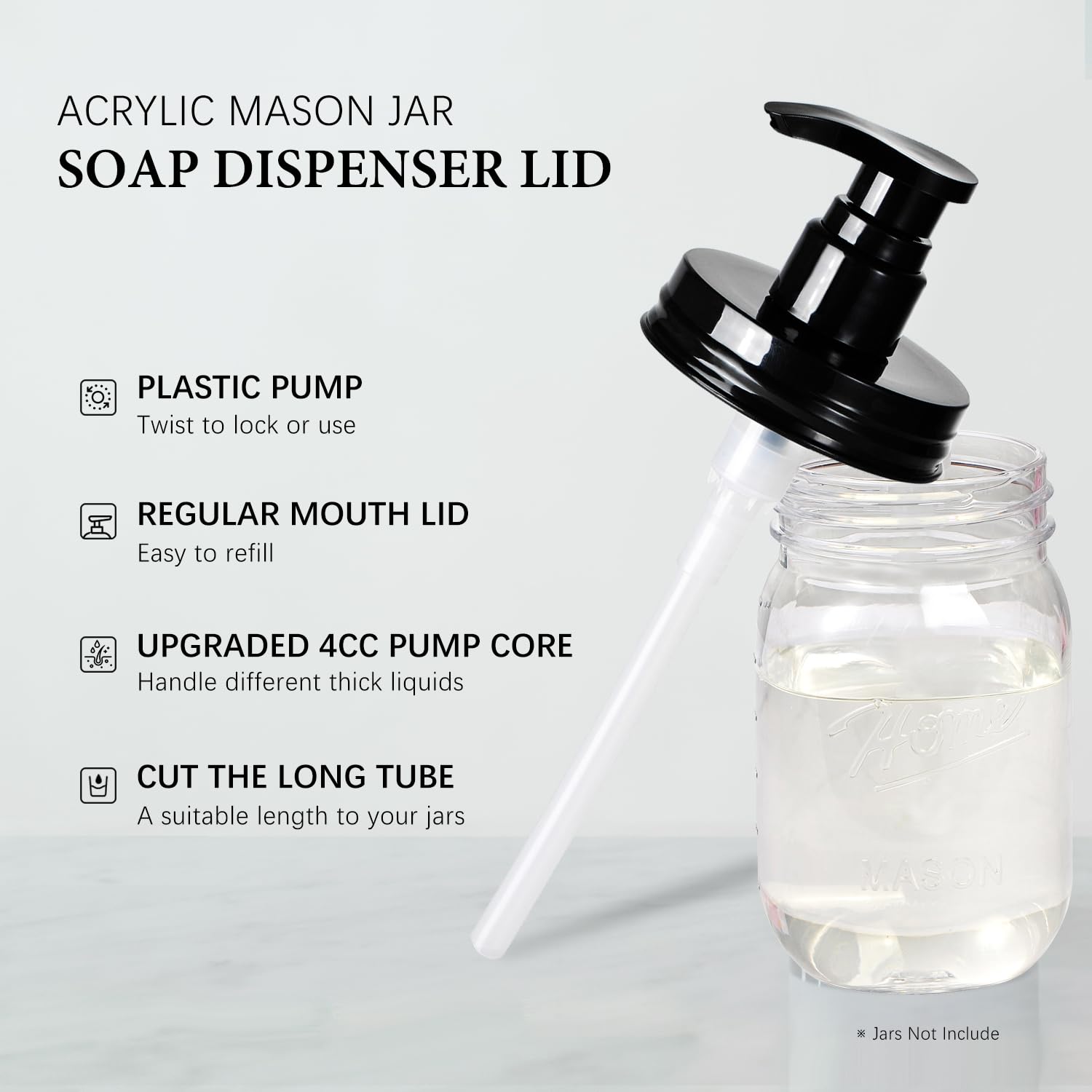 Amolliar Plastic Mason Jar Soap Dispenser Lids(2) - Universal Pump Replacement For Regular Mouth Jar - Long Tubes & Cute Lables